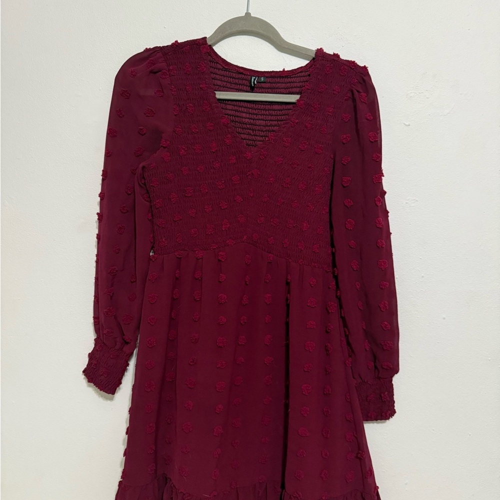 Red Fit and Flare Long Sleeve V-Neck Dress